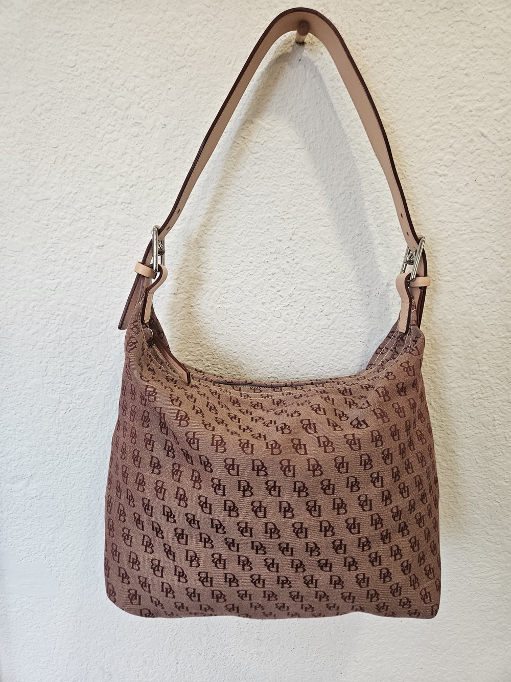 Dooney & Bourke Interlocking DB Signature Canvas Hobo Bag Vachetta Leather Strap